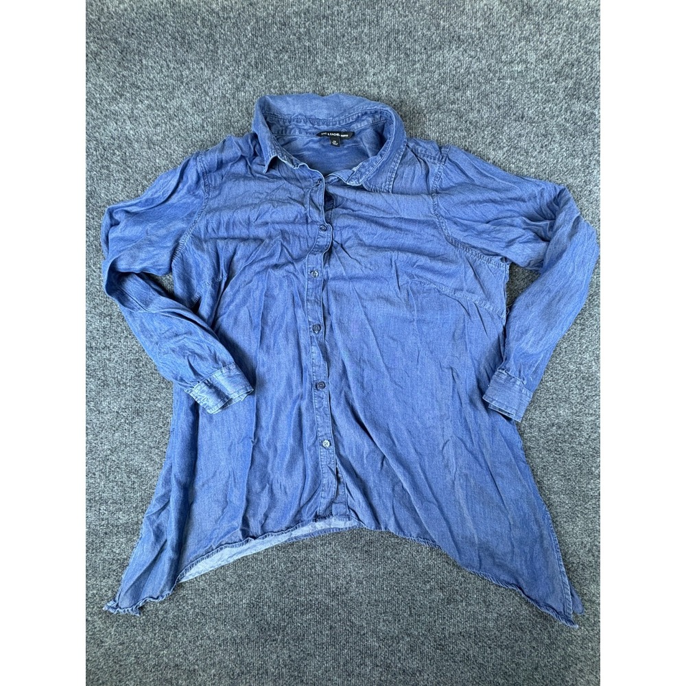 Zac & Rachel Shirt Womens 2X Blue Chambray Asymmetrical Hem Button Up Casual